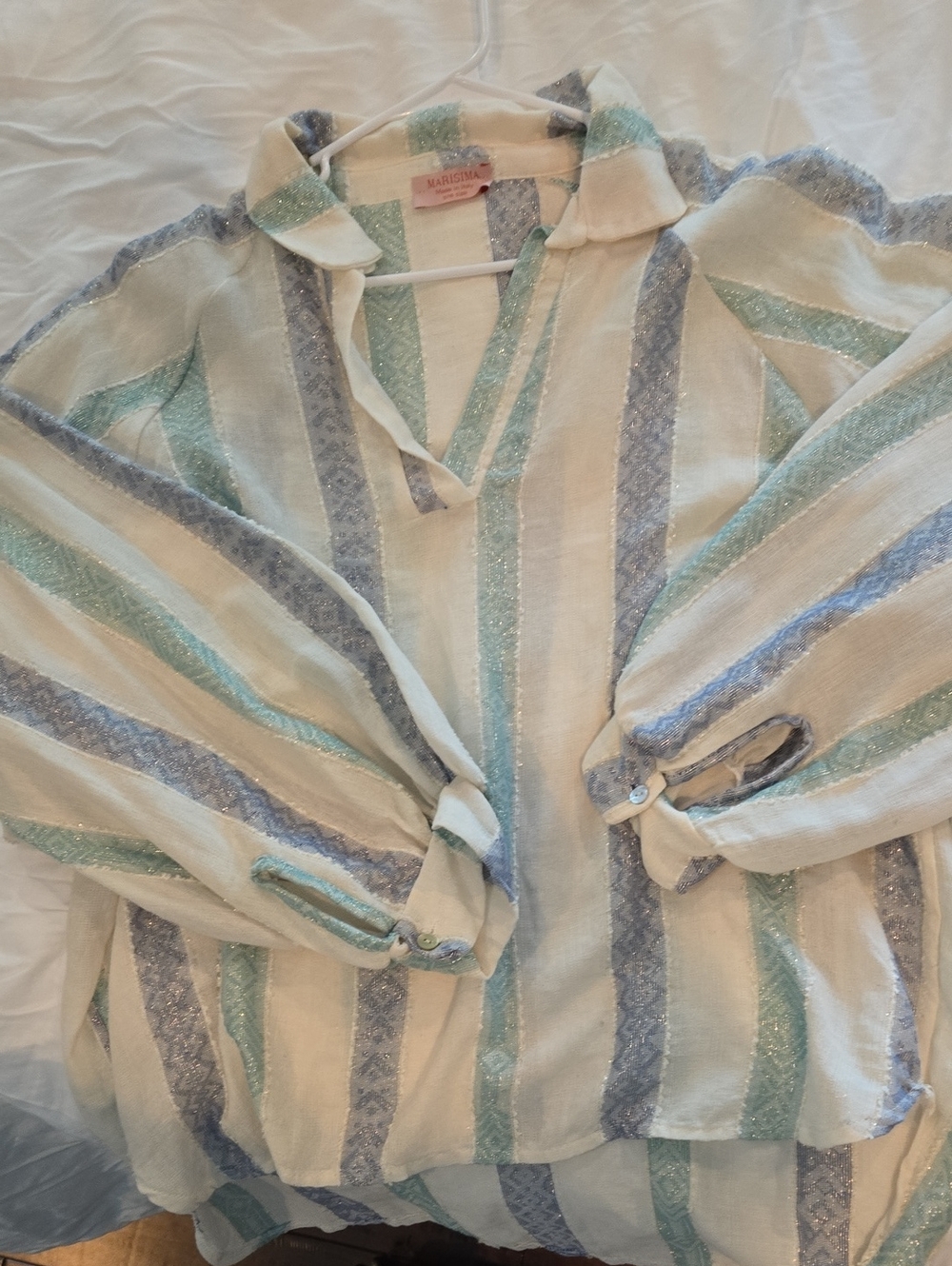 Marissa Webb Cream Blouse with Blue and Mint Vertical Stripes